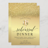 金ゴールドグリッターワイングラス花リハーサルディナー 招待状 (正面/裏面)