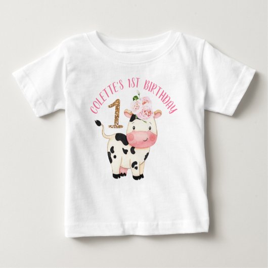 金ゴールドグリッターワンカウムースファースト誕生日 ベビーTシャツ (正面)