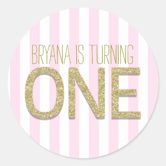 金ゴールドグリッターワンバースデーパーティー好意ステッカー ラウンドシール (正面)