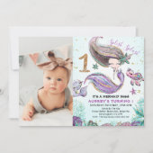 金ゴールドグリッターワンパープルマーメイドの写真第1誕生日 招待状 (正面)