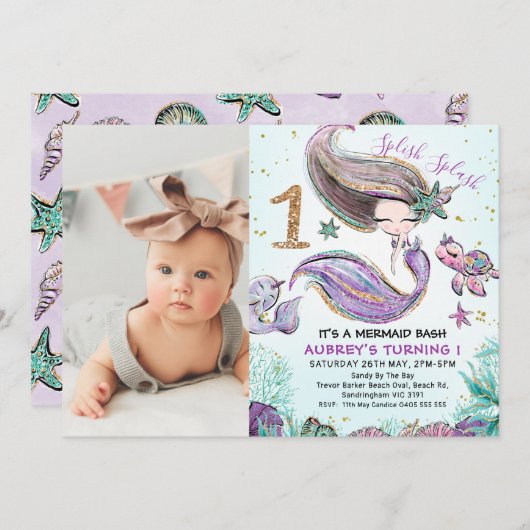 金ゴールドグリッターワンパープルマーメイドの写真第1誕生日 招待状