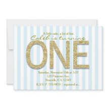 金ゴールドグリッターワンブルーストライプパーティの招待状第1