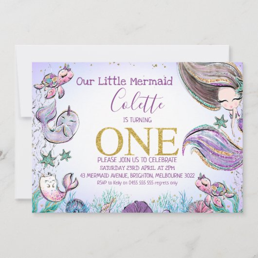 金ゴールドグリッターワンマーメイド1歳の招待状 招待状 (正面)