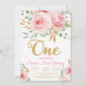 金ゴールドグリッターワン赤面ピンクフローラ最初の誕生日 招待状 (正面)