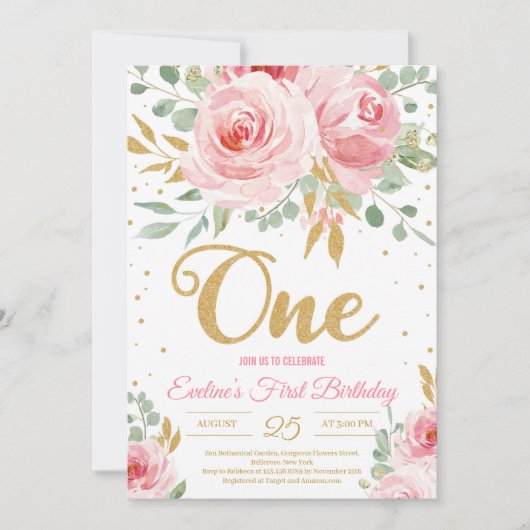 金ゴールドグリッターワン赤面ピンクフローラ最初の誕生日 招待状 (正面)