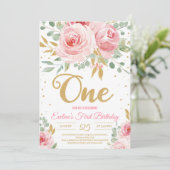 金ゴールドグリッターワン赤面ピンクフローラ最初の誕生日 招待状 (スタンド正面)