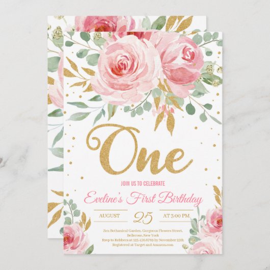 金ゴールドグリッターワン赤面ピンクフローラ最初の誕生日 招待状 (正面/裏面)