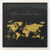 金ゴールドグリッターワールドマップオンブラックアドベンチャーエレガント ガラスコースター (正面)