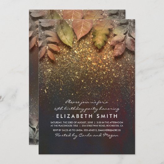 金ゴールドグリッターヴィンテージ紅葉誕生日パーティー 招待状 (正面/裏面)