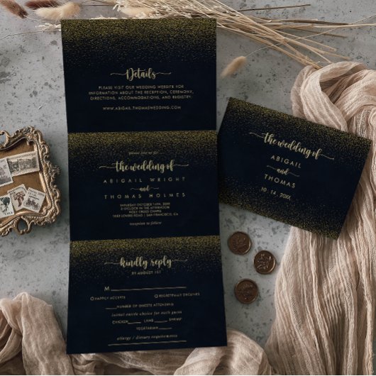 金ゴールドグリッター三つ折り文字結婚の 三つ折り招待状