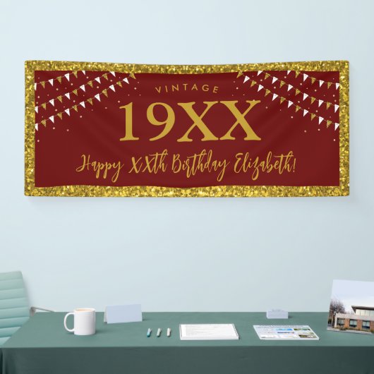 金ゴールドグリッター任意の年齢誕生日ヴィンテージバナー 横断幕 (トレードショー)