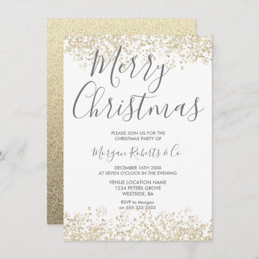 金ゴールドグリッター企業のまたはファミリークリスマスパーティー 招待状 (正面/裏面)