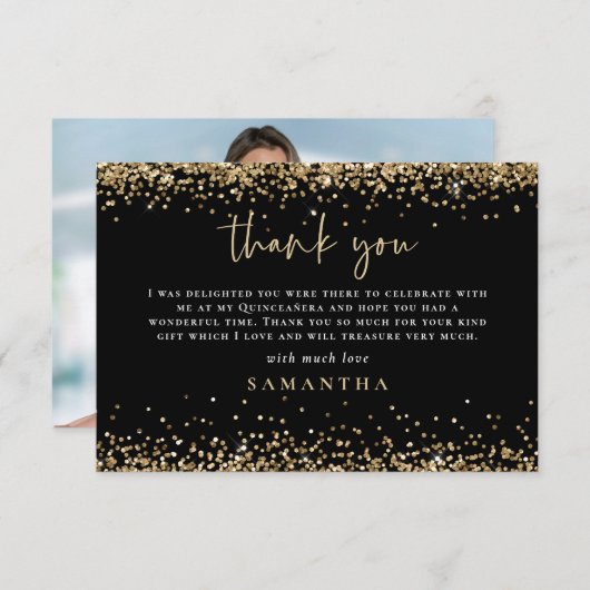 金ゴールドグリッター写真キンセアニラサンキューブラック ノートカード (正面/裏面)