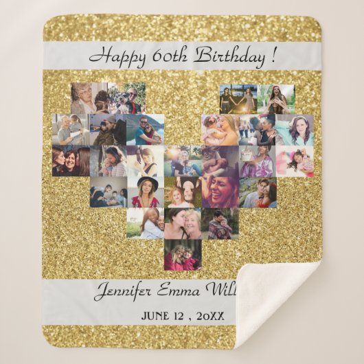 金ゴールドグリッター写真コラージュ60th birthday gift シェルパブランケット (正面)