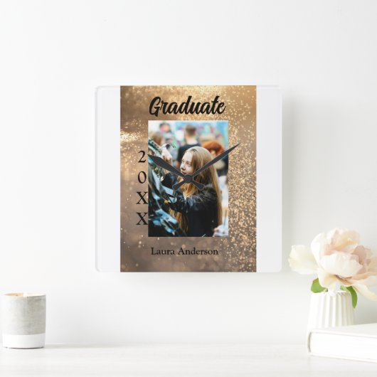 金ゴールドグリッター写真卒業の追加ネームクラス文字 スクエア壁時計 (ホーム)