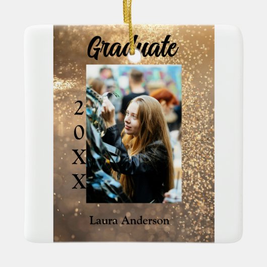 金ゴールドグリッター写真卒業の追加ネームクラス文字 セラミックオーナメント (正面)