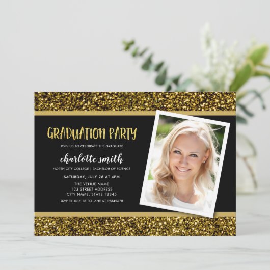 金ゴールドグリッター写真卒業パーティー招待状 招待状 (スタンド正面)