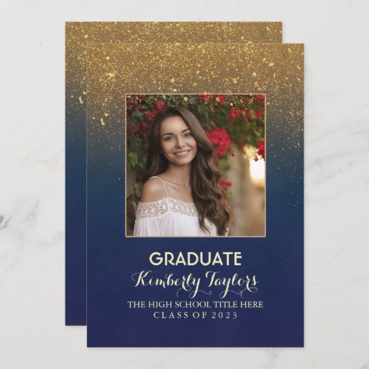 金ゴールドグリッター写真卒業パーティー発表 招待状 (正面/裏面)