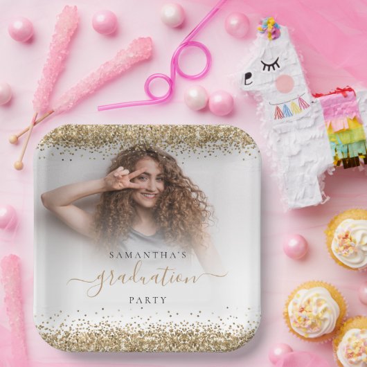 金ゴールドグリッター写真名卒業2024パーティーページ ペーパープレート (パーティー)