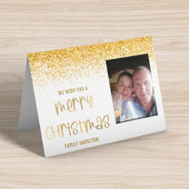 金ゴールドグリッター写真水平クリスマスフォールディング シーズンカード