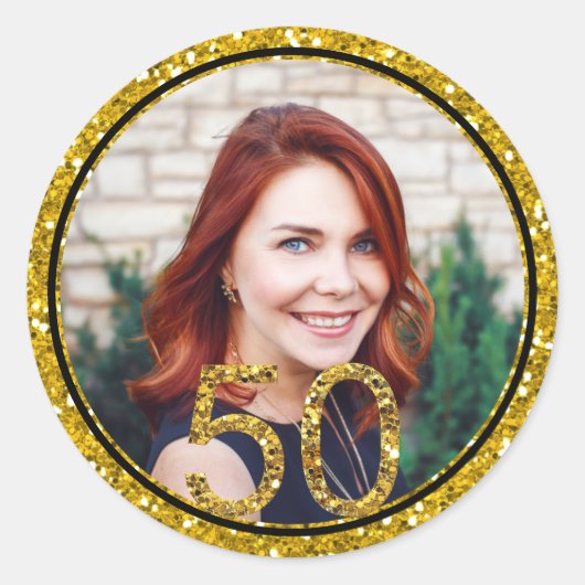 金ゴールドグリッター写真50th Birthday Party Friends ラウンドシール (正面)