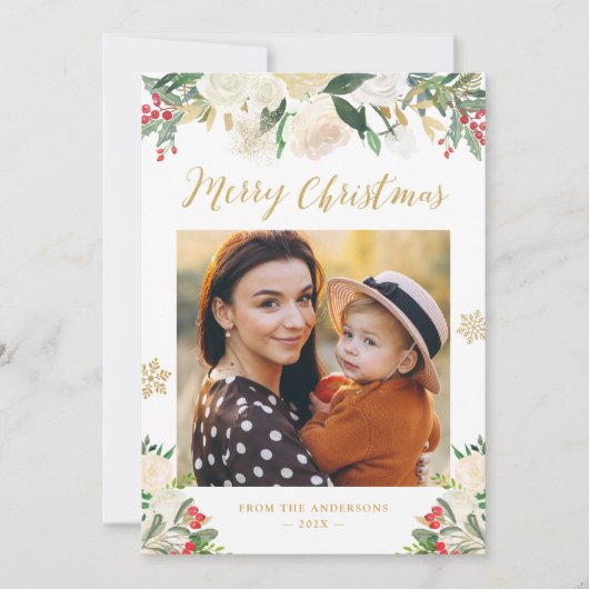 金ゴールドグリッター冬フローラメリークリスマスフォト シーズンカード (正面)