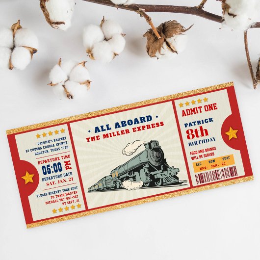 金ゴールドグリッター列車チケット誕生日搭乗券 招待状