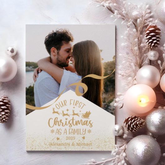 金ゴールドグリッター初めてのクリスマスを家族の写真として シーズンカード