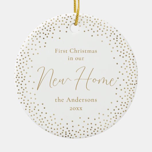 金ゴールドグリッター初めてのクリスマスズインザニューホーム セラミックオーナメント (正面)