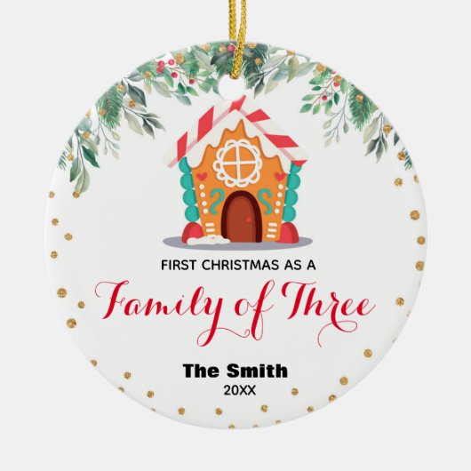 金ゴールドグリッター初めてのクリスマス三家 セラミックオーナメント (正面)