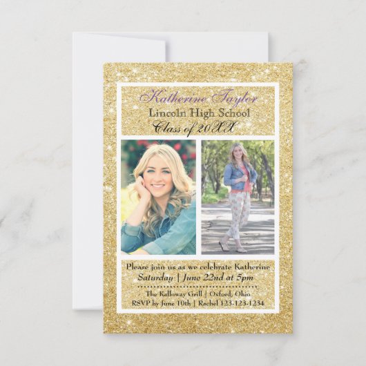 金ゴールドグリッター卒業発表2写真3x5 招待状 (正面)