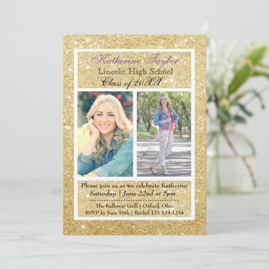 金ゴールドグリッター卒業発表2枚 招待状 (スタンド正面)