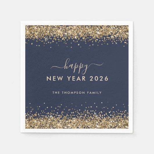 金ゴールドグリッター名ネイビーブルーハッピーニューイヤー2026 スタンダードカクテルナプキン (正面)