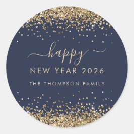 金ゴールドグリッター名ネイビーブルーハッピーニューイヤー2026 ラウンドシール