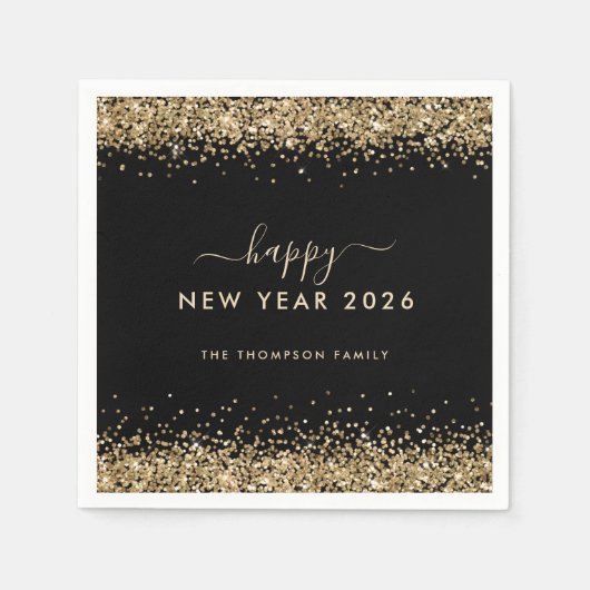 金ゴールドグリッター名ブラックハッピーニューイヤー2026 スタンダードカクテルナプキン (正面)