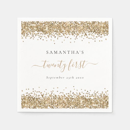 金ゴールドグリッター名日付21番目のパーティー スタンダードカクテルナプキン (正面)