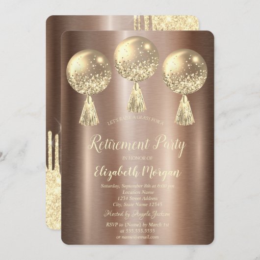 金ゴールドグリッター吹き出し茶色の退職 招待状 (正面/裏面)