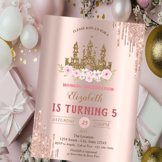 金ゴールドグリッター城、バラ金ゴールドドリップ誕生日 招待状