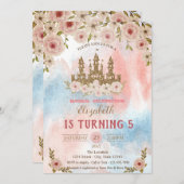 金ゴールドグリッター城、水の色スプラッシュ誕生日 招待状 (正面/裏面)