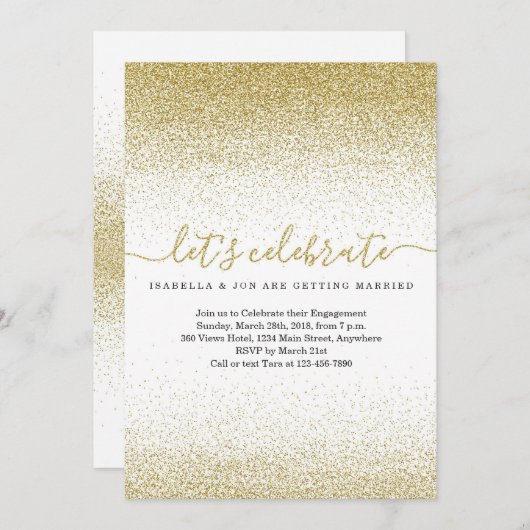 金ゴールドグリッター婚約パーティ招待状 招待状 (正面/裏面)