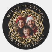 金ゴールドグリッター家族写真メリークリスマス ラウンドシール (正面)