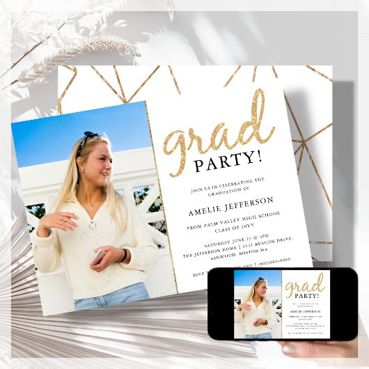 金ゴールドグリッター幾何写真卒業招待状 招待状