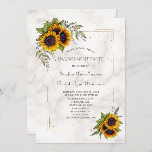 金ゴールドグリッター幾何学的ひまわり婚約パーティ 招待状 (正面/裏面)
