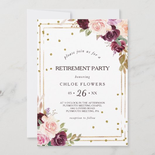 金ゴールドグリッター幾何学的ブルゴーニュ退職パーティー 招待状 (正面)