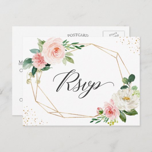 金ゴールドグリッター幾何学的赤面フローラウェディングRSVP インビテーションポストカード (正面/裏面)