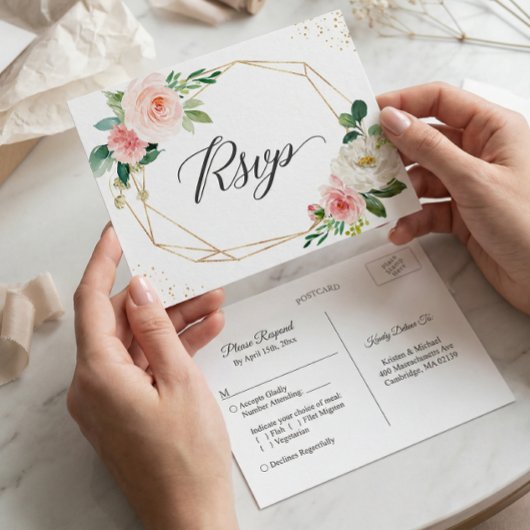 金ゴールドグリッター幾何学的赤面フローラウェディングRSVP インビテーションポストカード