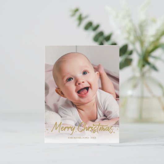 金ゴールドグリッター手書き写真メリークリスマス ポストカード (スタンド正面)