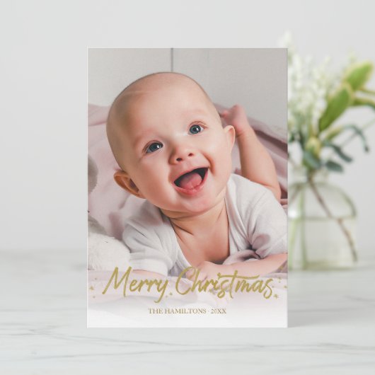 金ゴールドグリッター手書き写真メリークリスマス 招待状 (スタンド正面)