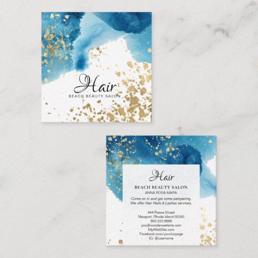 *~*金ゴールドグリッター抽象芸術ビーチブルーウォーター色 スクエア名刺 (正面/裏面)