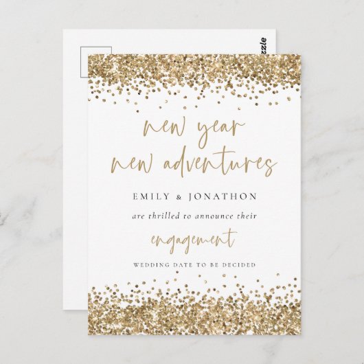 金ゴールドグリッター新年アドベンチャースホワイト婚約 ポストカード (正面/裏面)